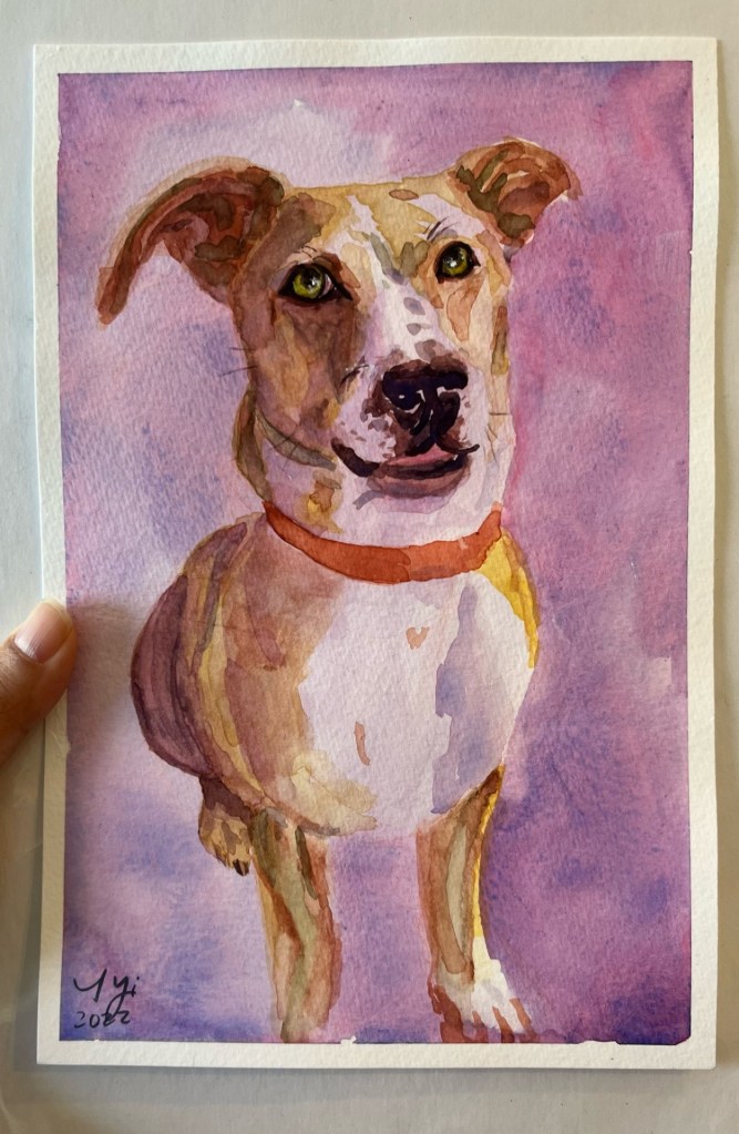 Painting of Chuleta, a beautiful dog, on a purple background
